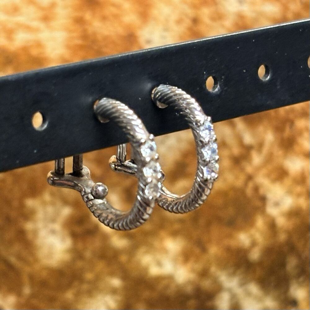 Judith Ripka Huggie Hoop Earrings Sterling Silver and CZ's Roped Design